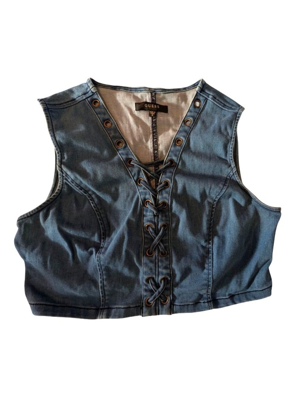 Guess Womens Denim Crop Top With Lace-Up Front Medium Blue 70% Cotton Stylish Ca